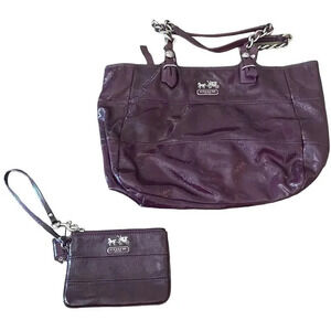 Coach Women's Purple Pebbled Patent Leather Shoulder Bag Handbag and coin purse